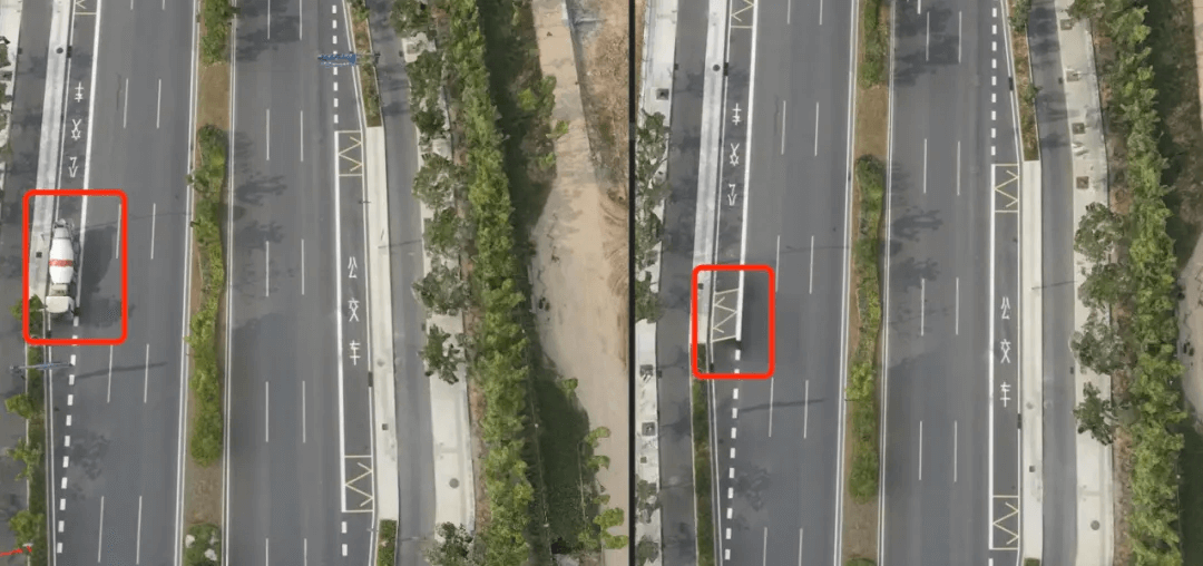 公交车道路面压平和纹理修复前后对比